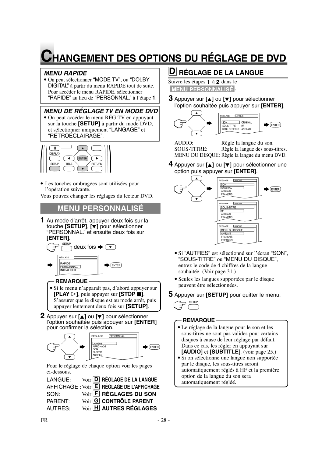 Symphonic CSTL20D6 owner manual Changement DES Options DU Réglage DE DVD, Menu Personnalisé, Réglage DE LA Langue 