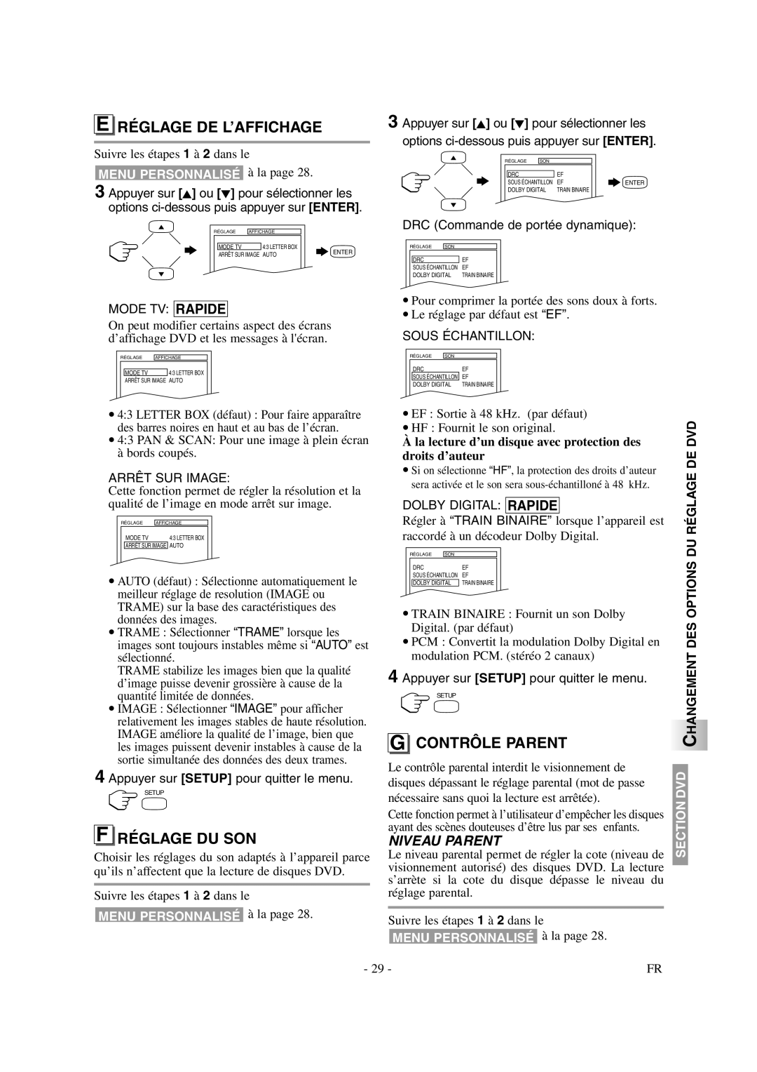 Symphonic CSTL20D6 Réglage DE L’AFFICHAGE, Réglage DU SON, Contrôle Parent, Changement DES Options DU Réglage DE DVD 