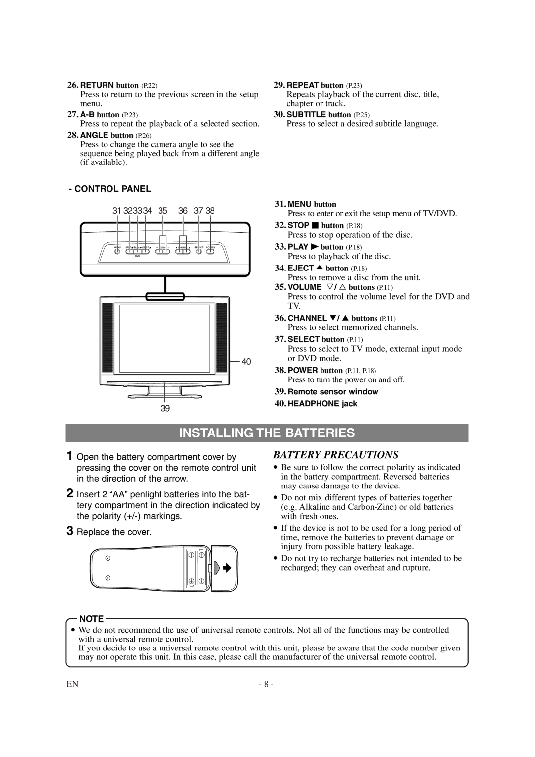 Symphonic CSTL20D6 owner manual Installing the Batteries, Battery Precautions, Control Panel, Press to playback of the disc 