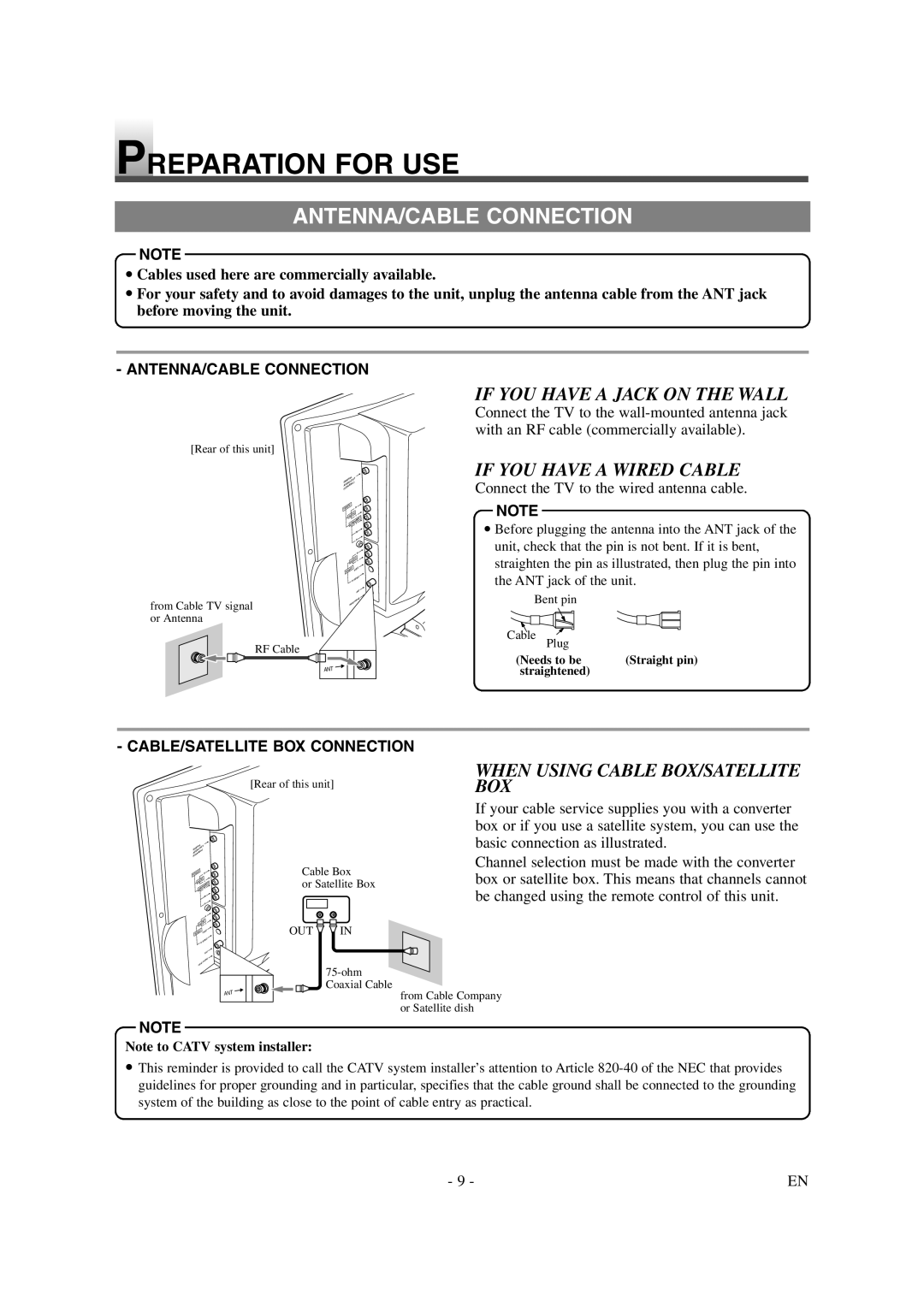 Symphonic CSTL20D6 owner manual Preparation for USE, ANTENNA/CABLE Connection, If YOU have a Jack on the Wall 