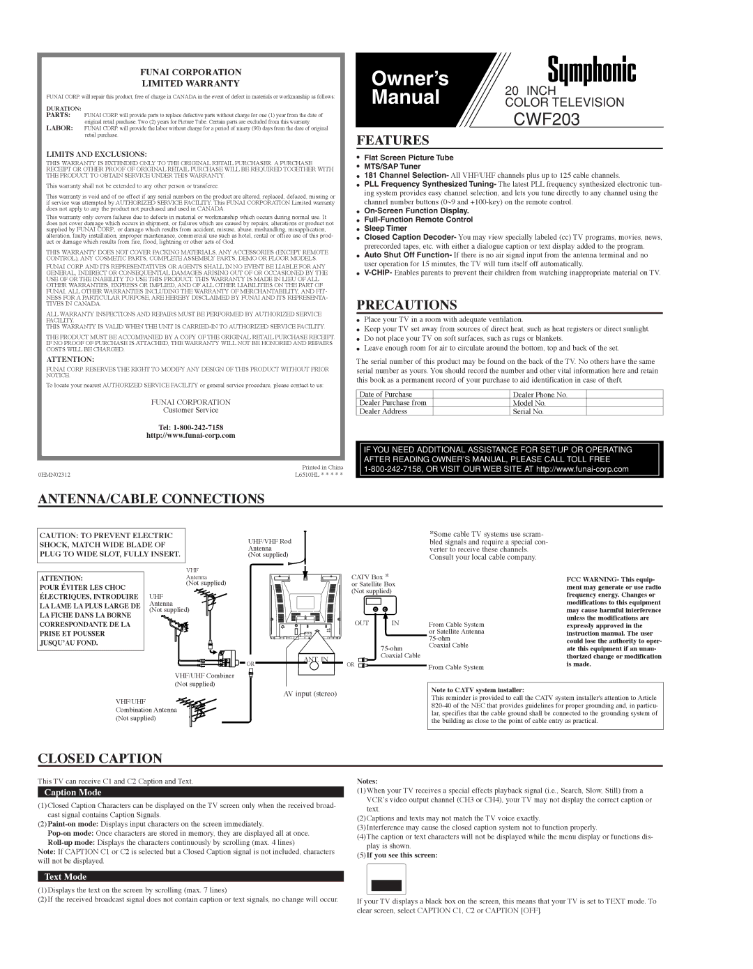 Symphonic CWF203 owner manual Features, Precautions, ANTENNA/CABLE Connections, Closed Caption, Limits and Exclusions 