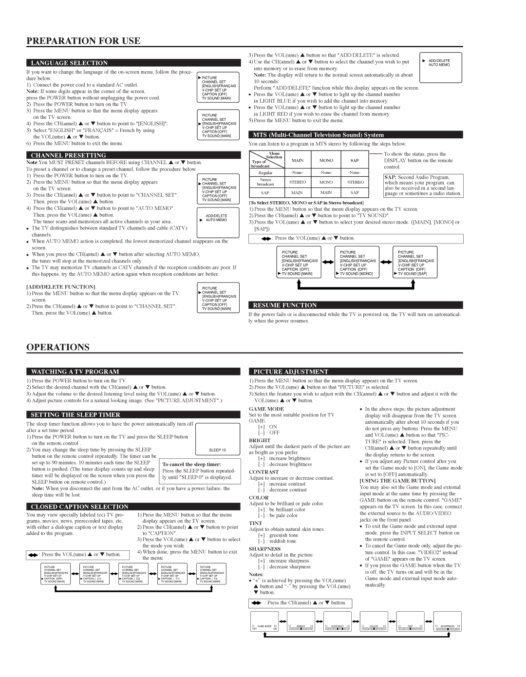 Symphonic CWF203 owner manual Preparation for USE, Operations 