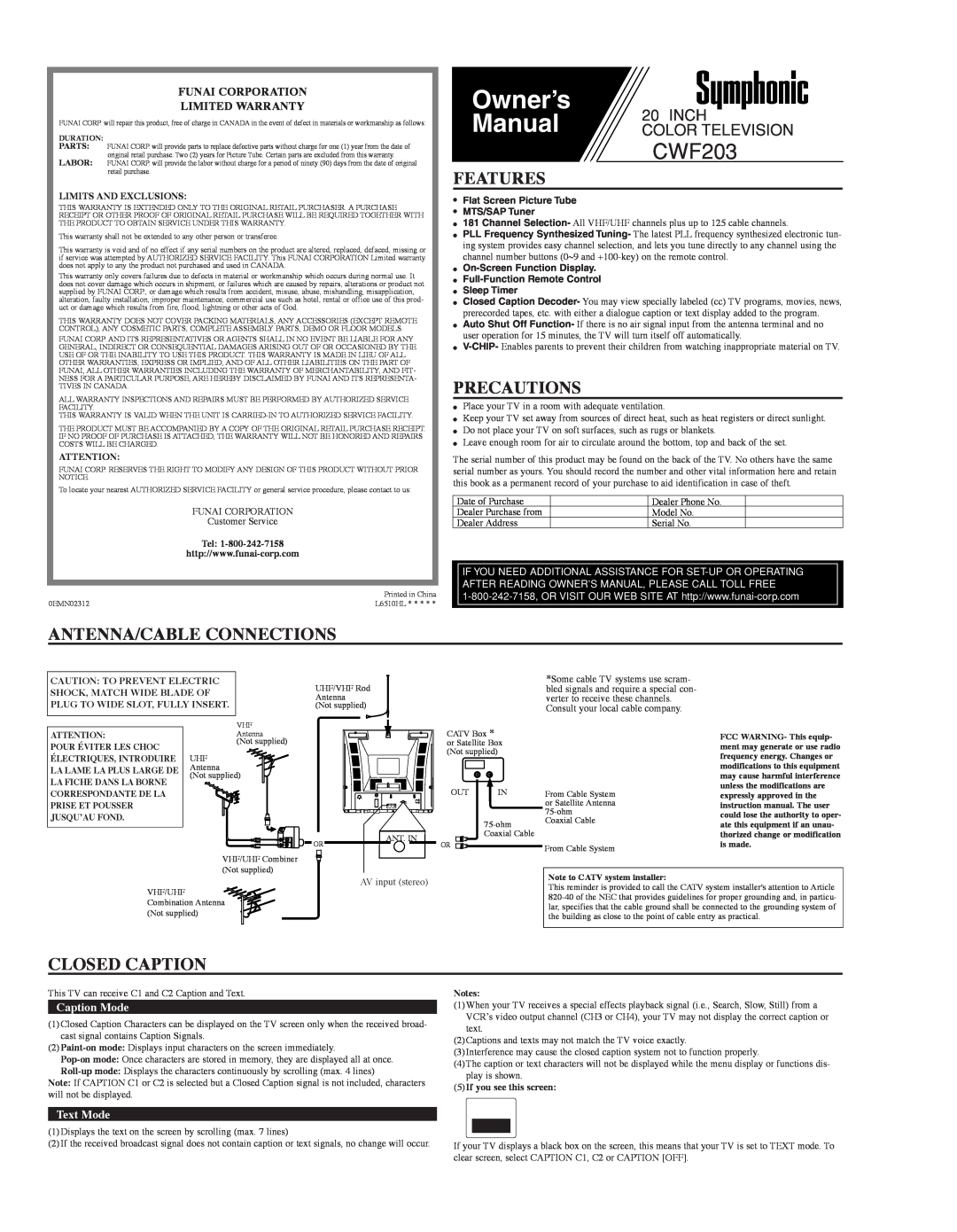 Symphonic CWF203 owner manual Features, Precautions, Antenna/Cable Connections, Closed Caption, Caption Mode, Text Mode 