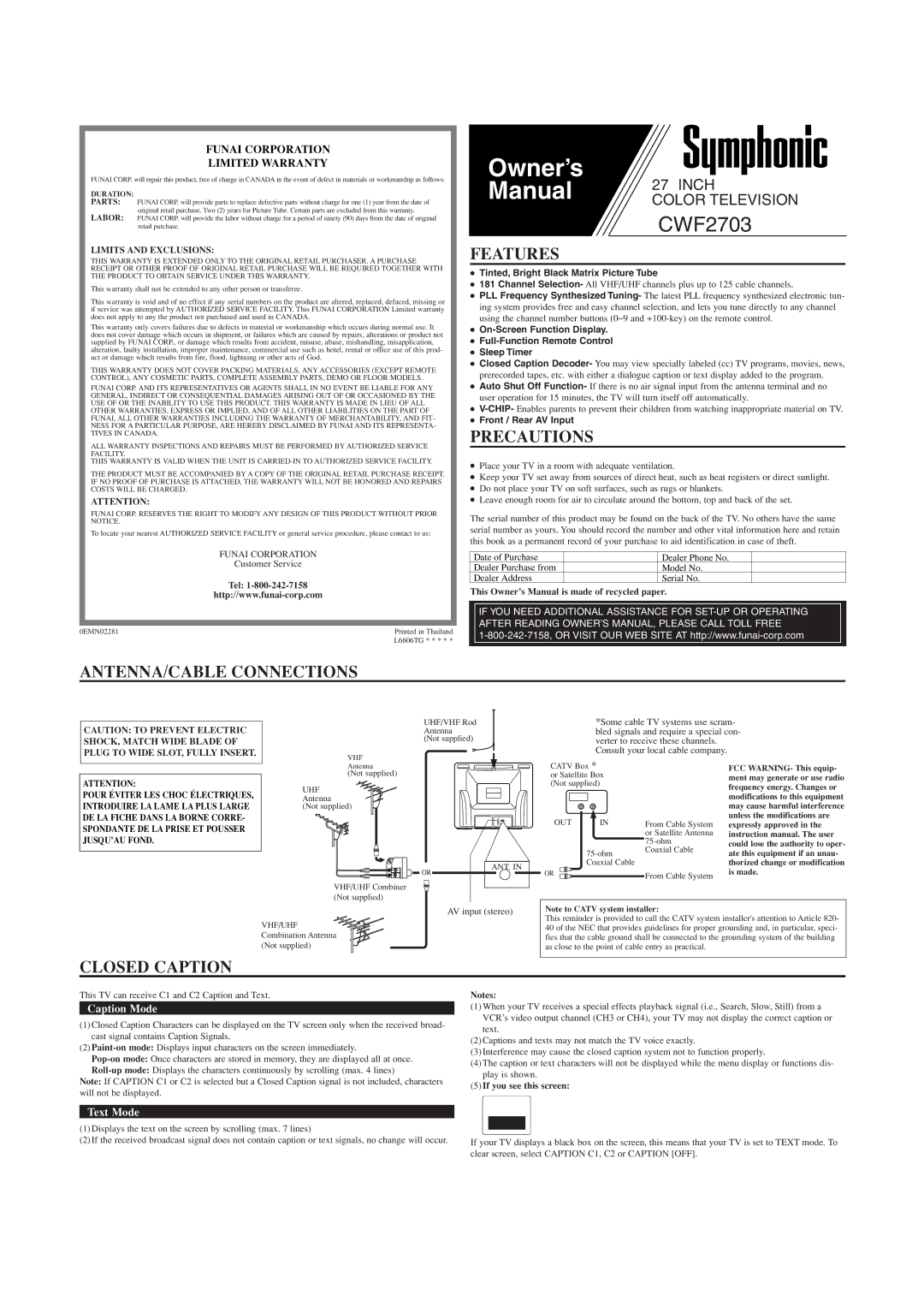 Symphonic CWF2703 owner manual Features, Precautions, ANTENNA/CABLE Connections, Closed Caption, Limits and Exclusions 