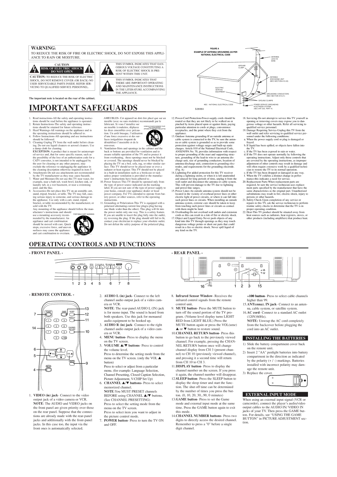 Symphonic CWF2703 owner manual Installing the Batteries, External Input Mode 