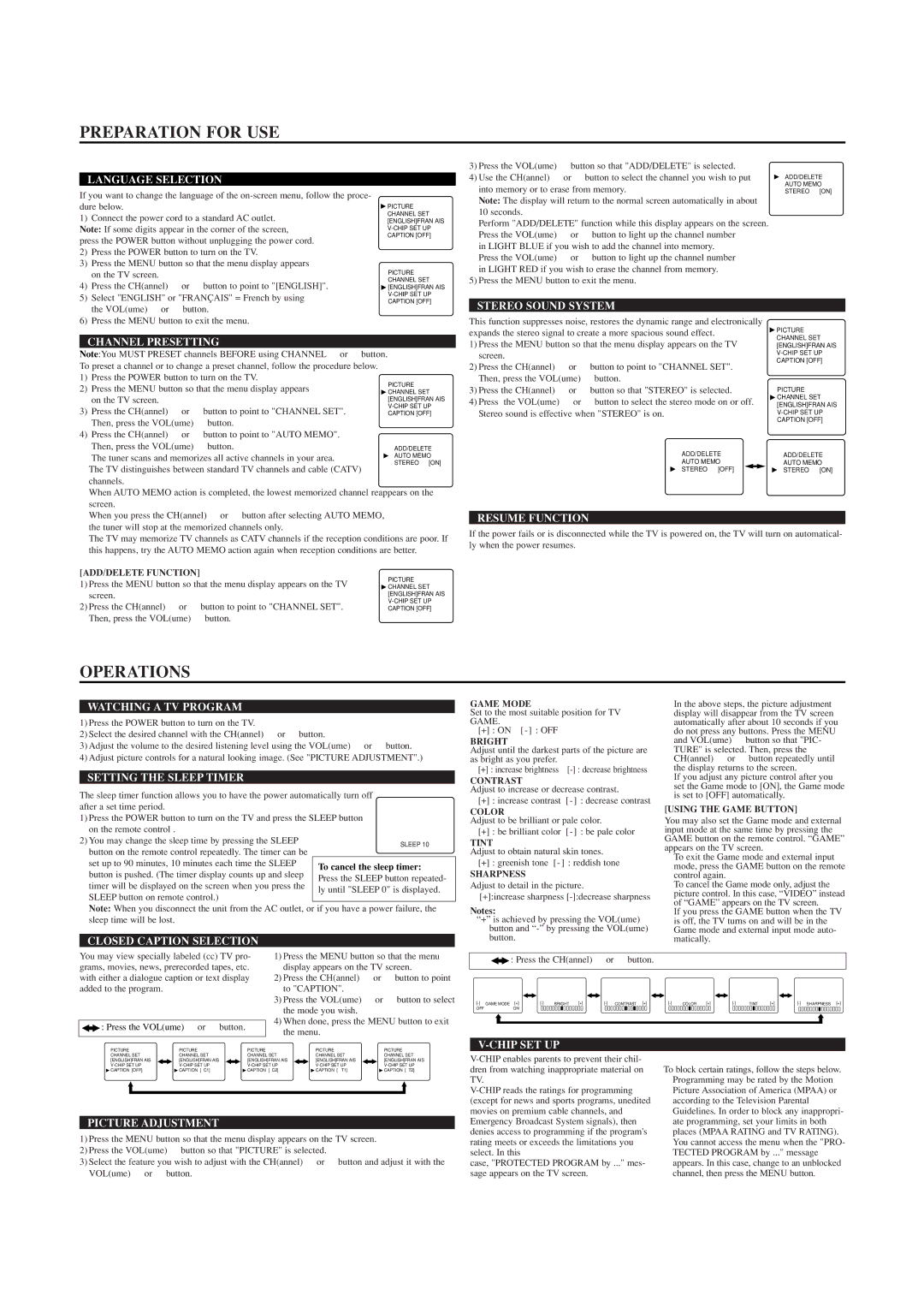 Symphonic CWF2703 owner manual Preparation for USE, Operations 