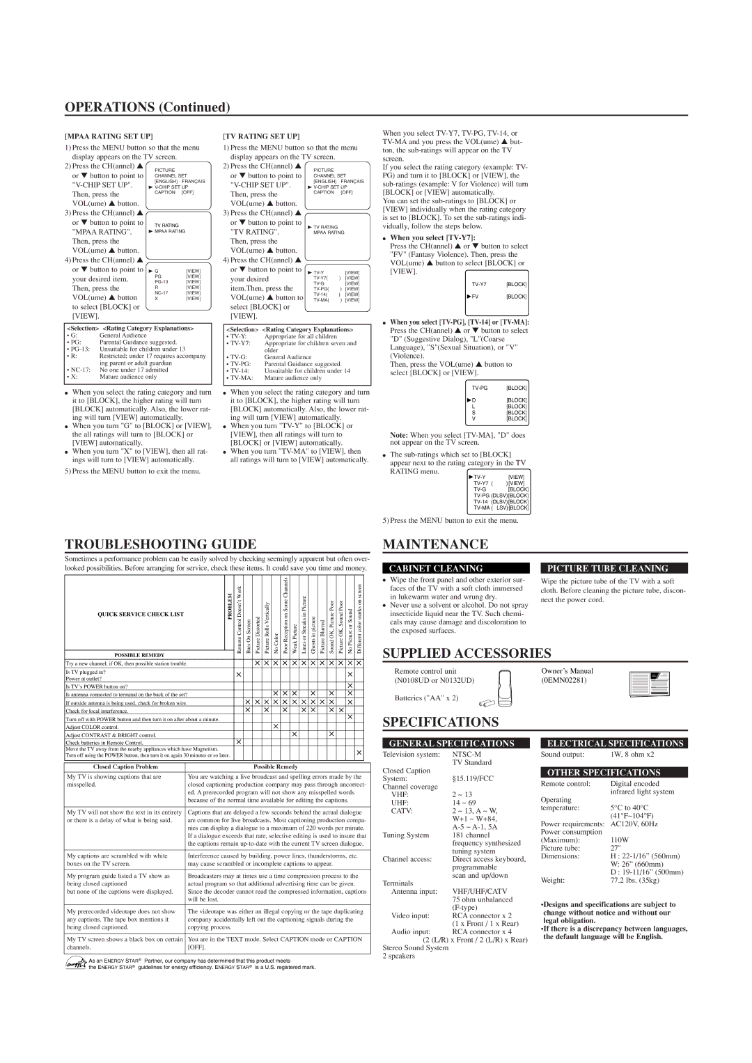 Symphonic CWF2703 owner manual Troubleshooting Guide, Maintenance, Supplied Accessories, Specifications 