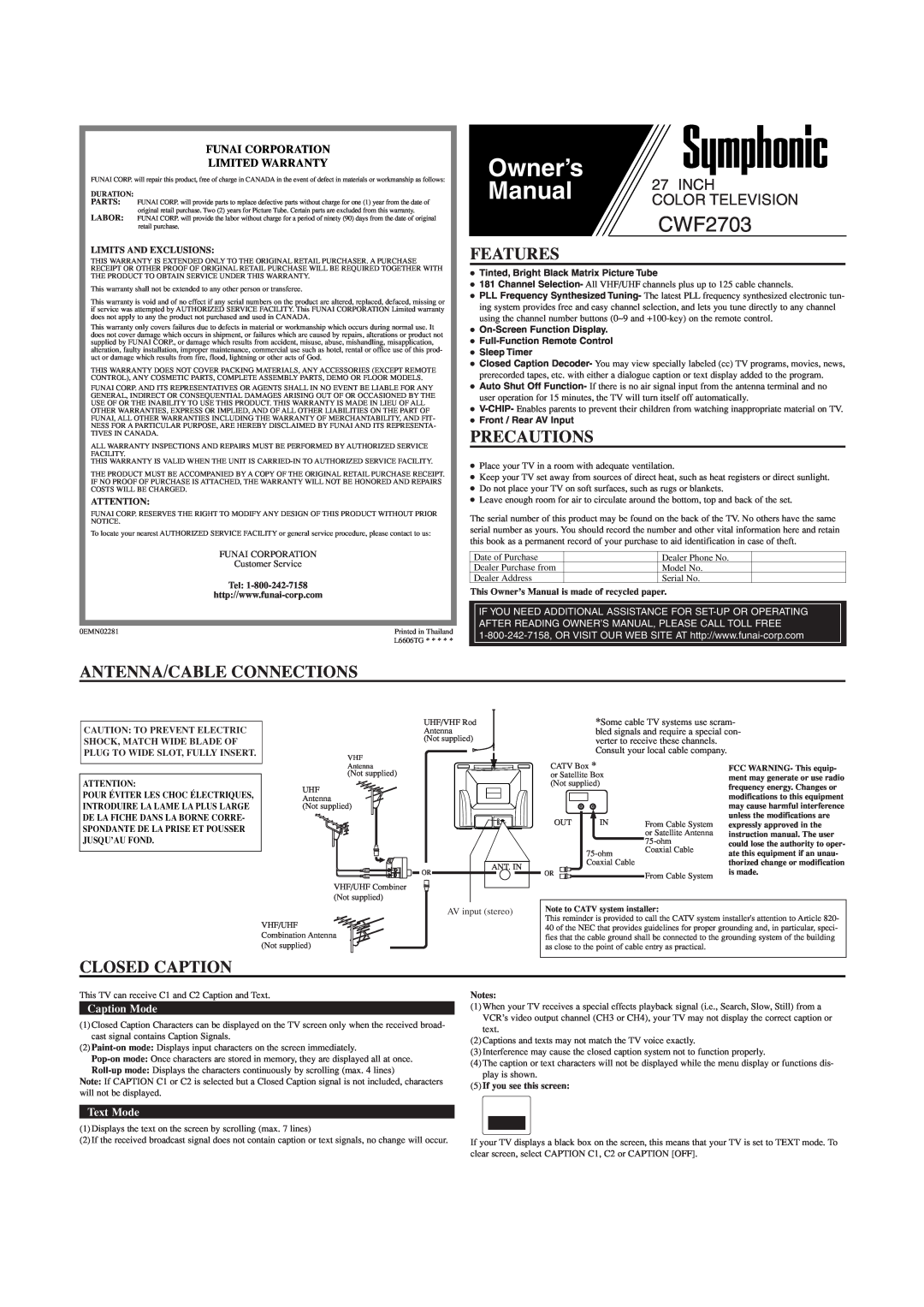 Symphonic CWF2703 owner manual Features, Precautions, Antenna/Cable Connections, Closed Caption, Caption Mode, Text Mode 