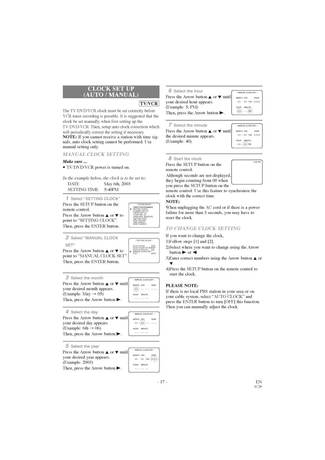 Symphonic CWF719 owner manual Clock SET UP Auto / Manual, Manual Clock Setting, To Change Clock Setting, Please Note 