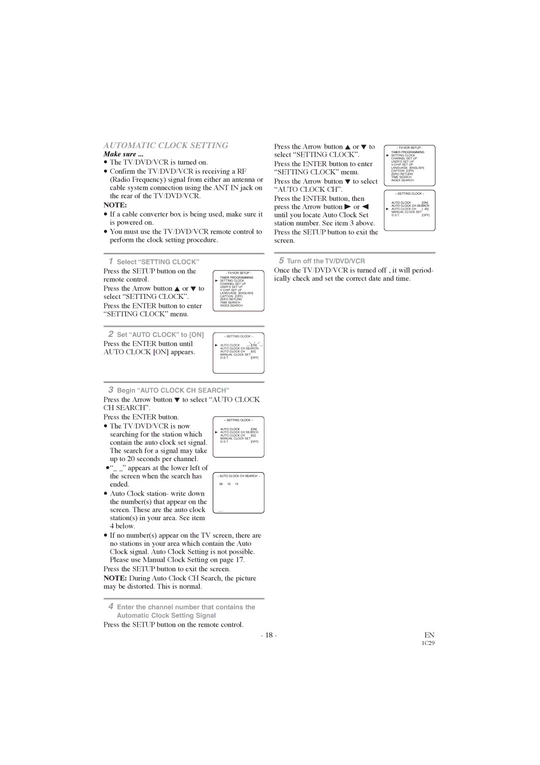 Symphonic CWF719 owner manual Automatic Clock Setting, Press the Enter button until, Auto Clock on appears 