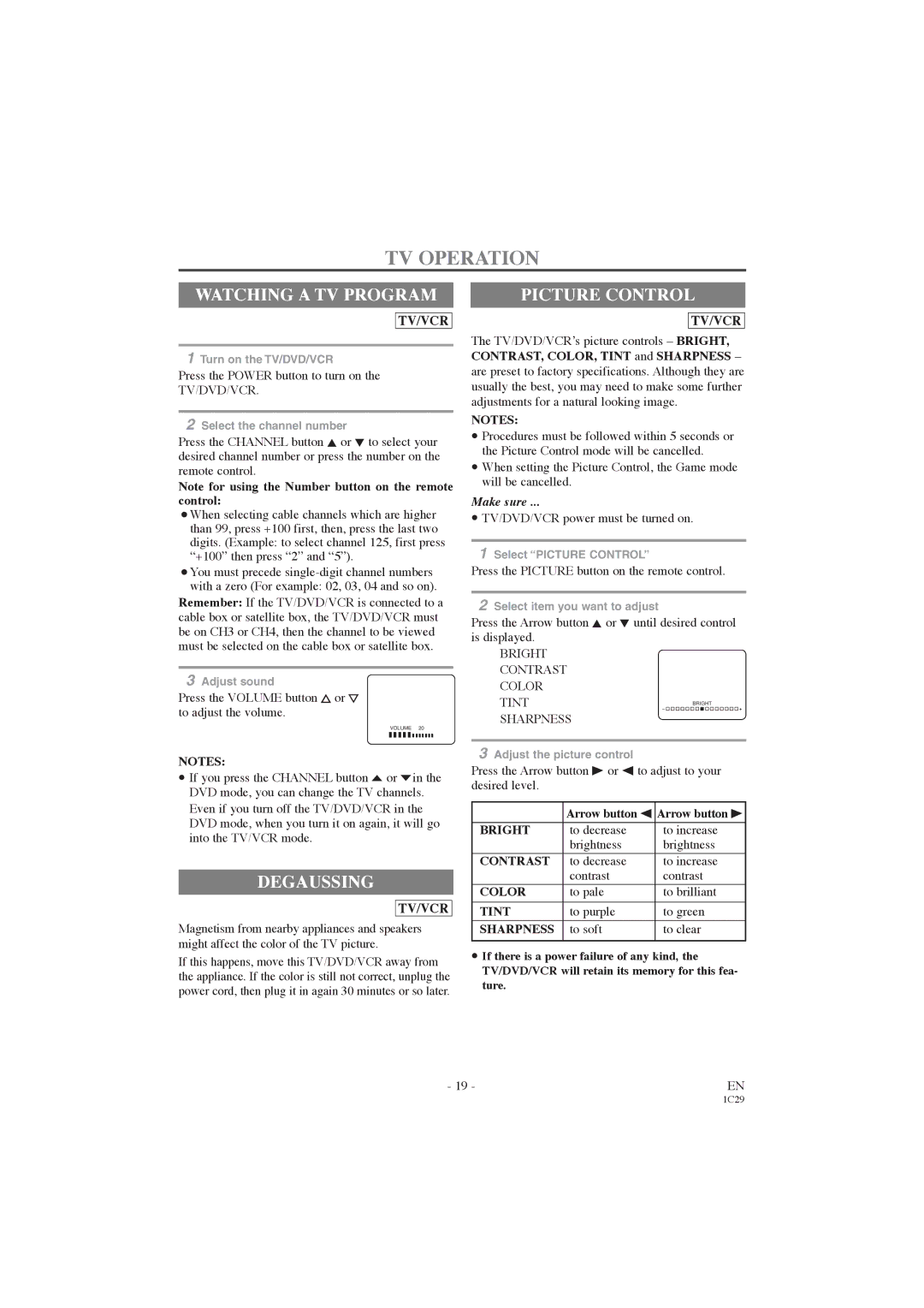 Symphonic CWF719 owner manual TV Operation, Watching a TV Program, Degaussing, Picture Control 