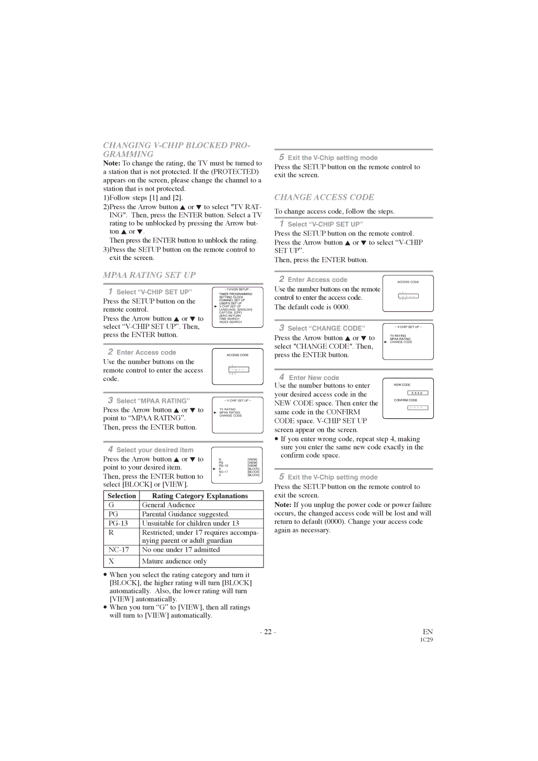 Symphonic CWF719 owner manual Changing V-CHIP Blocked PRO- Gramming, Mpaa Rating SET UP, Change Access Code 