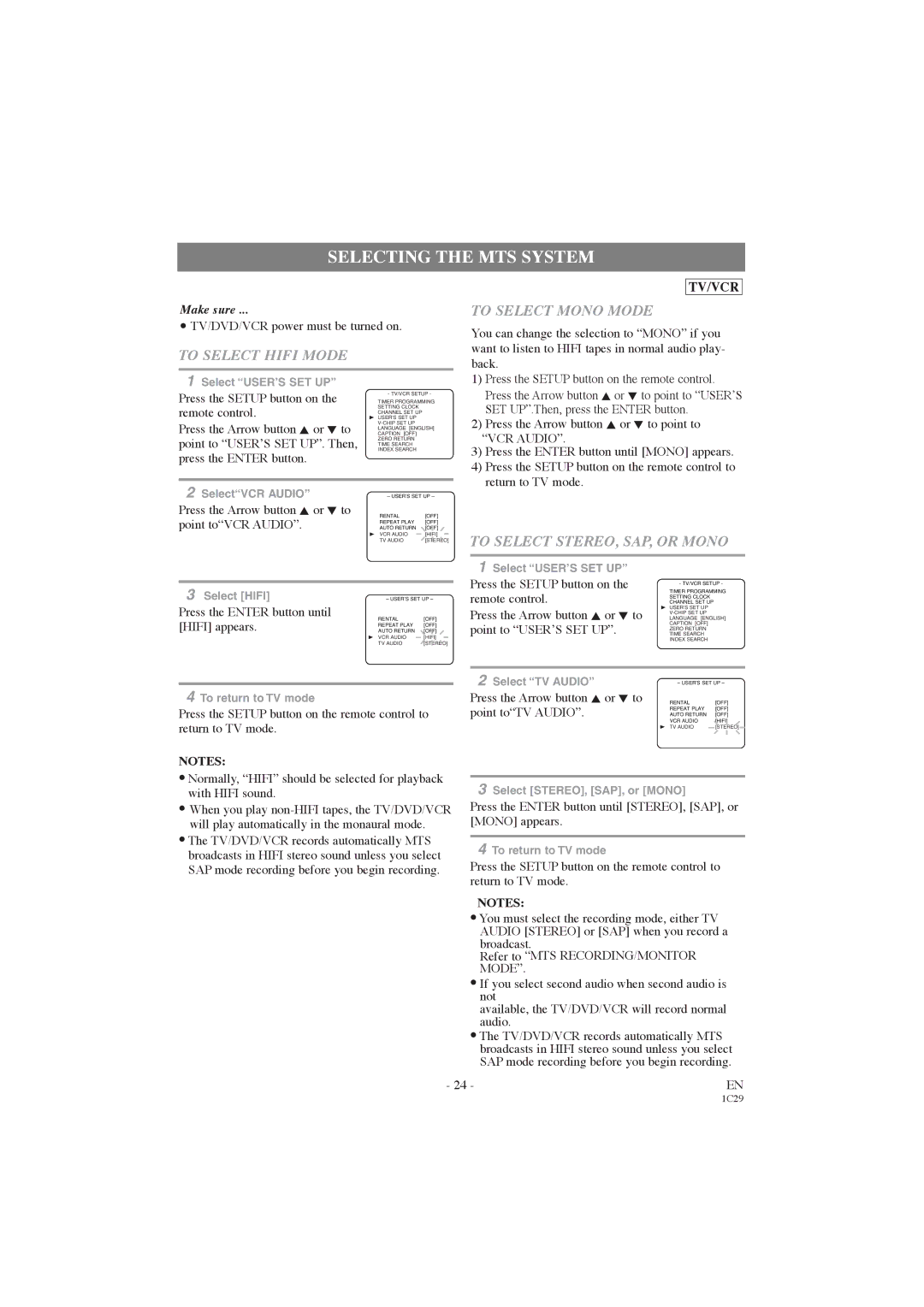 Symphonic CWF719 Selecting the MTS System, To Select Hifi Mode, To Select Mono Mode, To Select STEREO, SAP, or Mono 