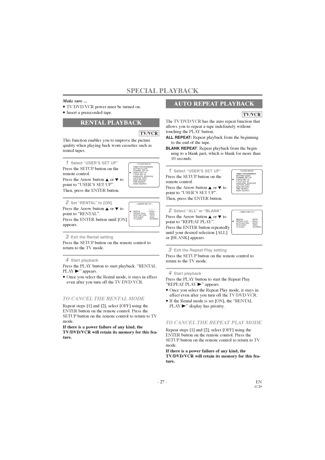 Symphonic CWF719 owner manual Special Playback, Rental Playback, Auto Repeat Playback, To Cancel the Rental Mode 