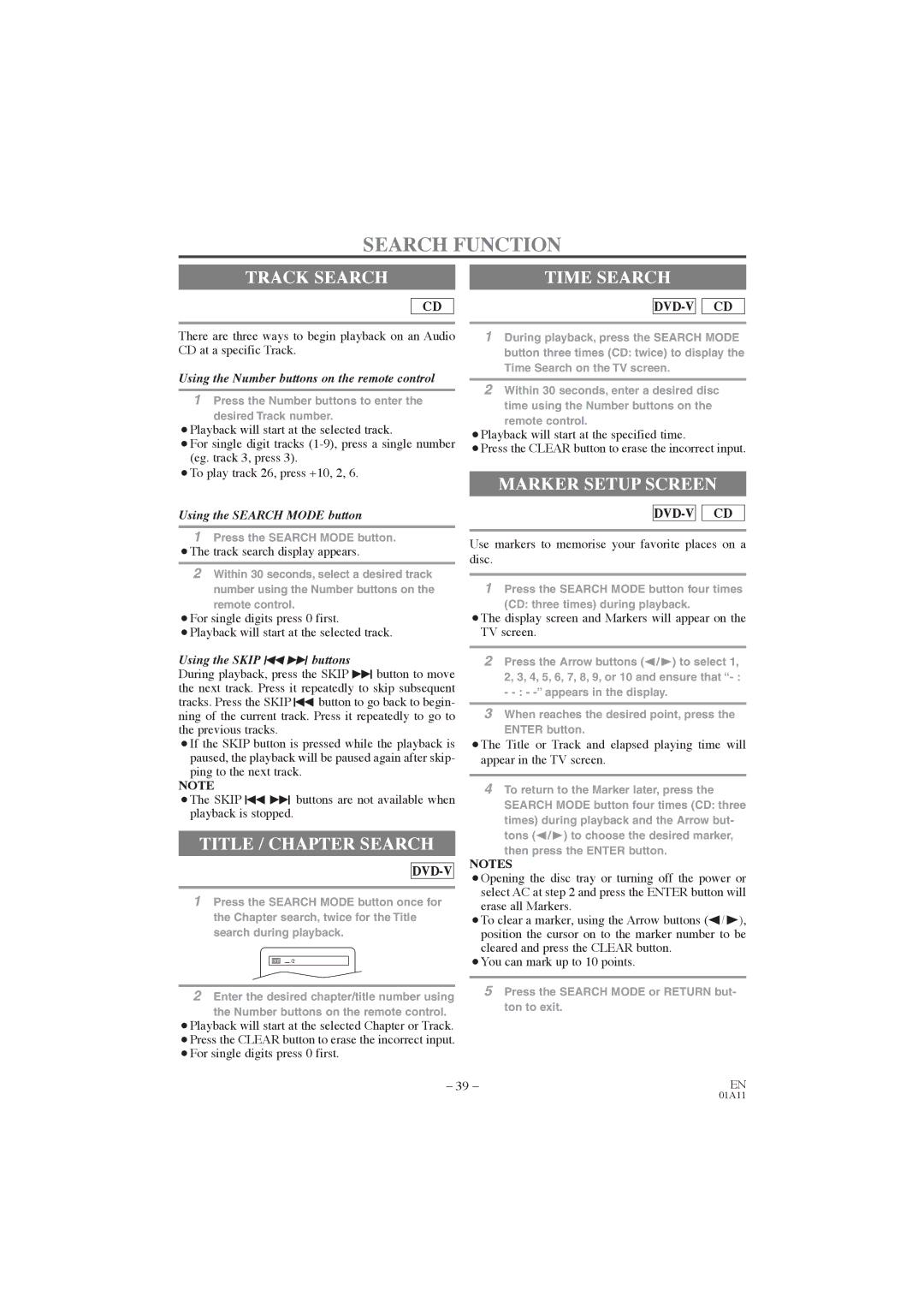 Symphonic CWF719 owner manual Search Function, Track Search, Title / Chapter Search, Marker Setup Screen 