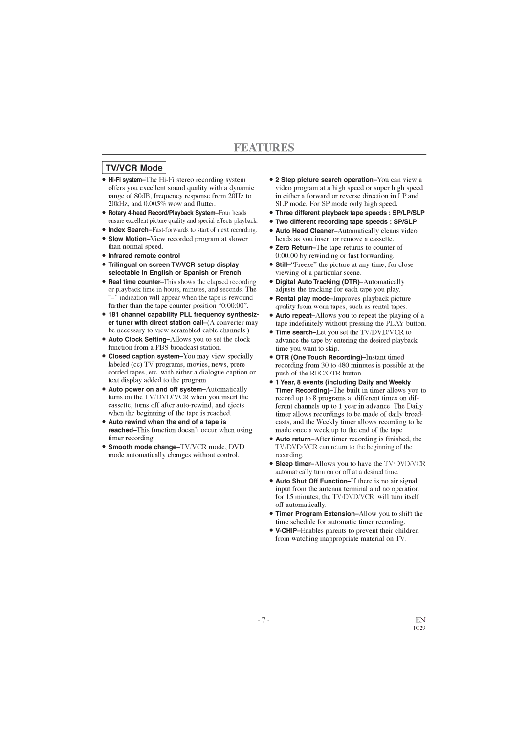 Symphonic CWF719 owner manual Features, TV/VCR Mode 