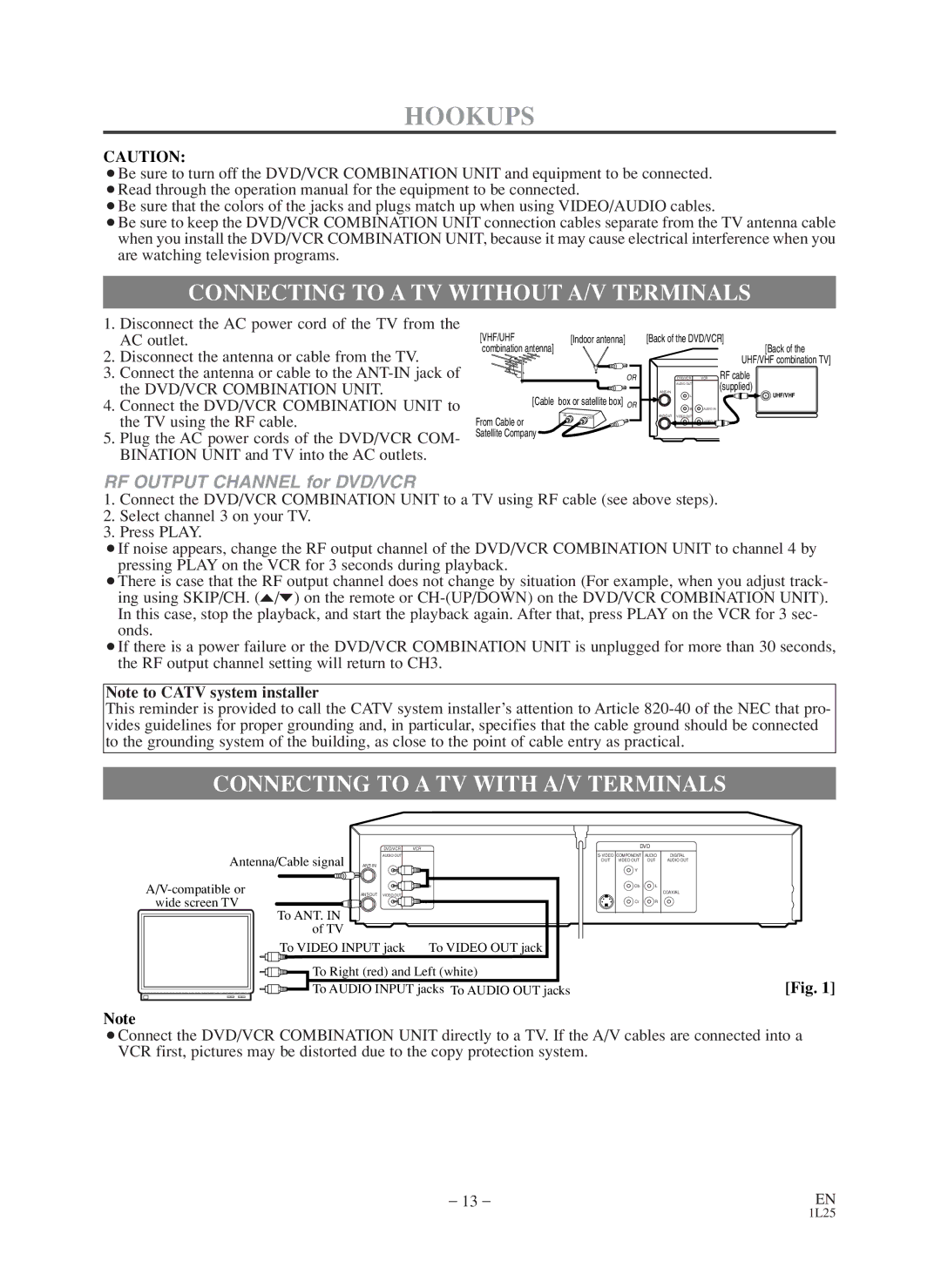 Symphonic CWF803 owner manual Hookups, Connecting to a TV Without A/V Terminals, Connecting to a TV with A/V Terminals 