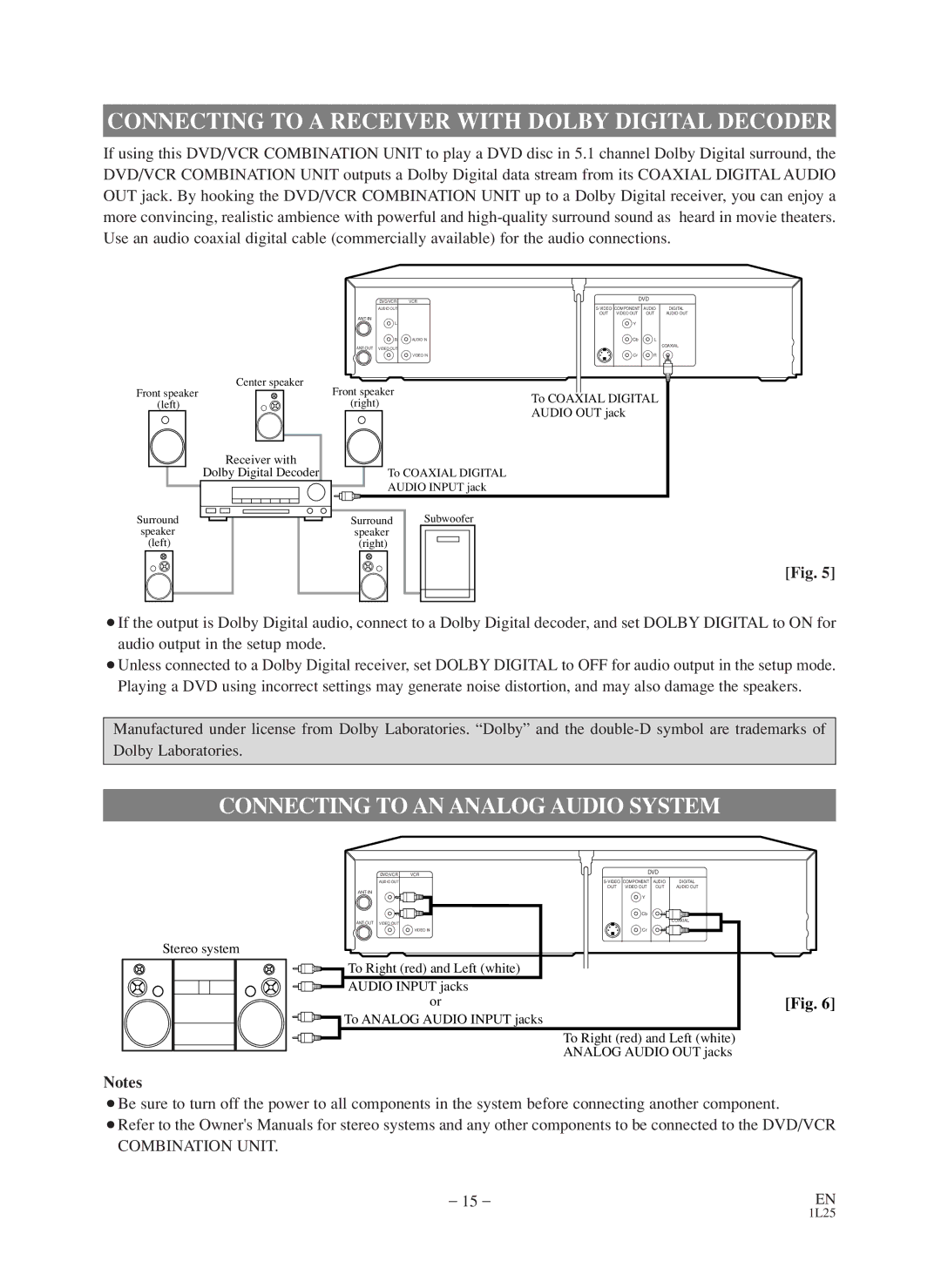 Symphonic CWF803 owner manual Connecting to a Receiver with Dolby Digital Decoder, Connecting to AN Analog Audio System 