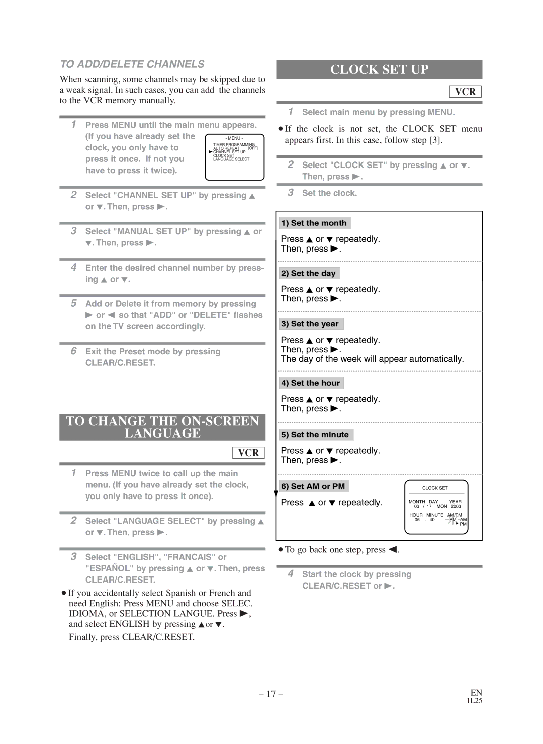 Symphonic CWF803 owner manual Clock SET UP, To Change the ON-SCREEN Language, To ADD/DELETE Channels 