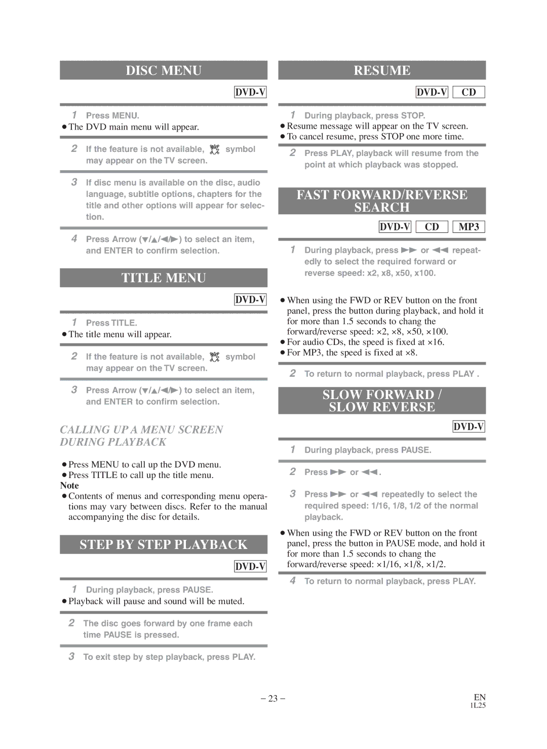 Symphonic CWF803 owner manual Disc Menu, Title Menu, Fast FORWARD/REVERSE Search, Step by Step Playback 