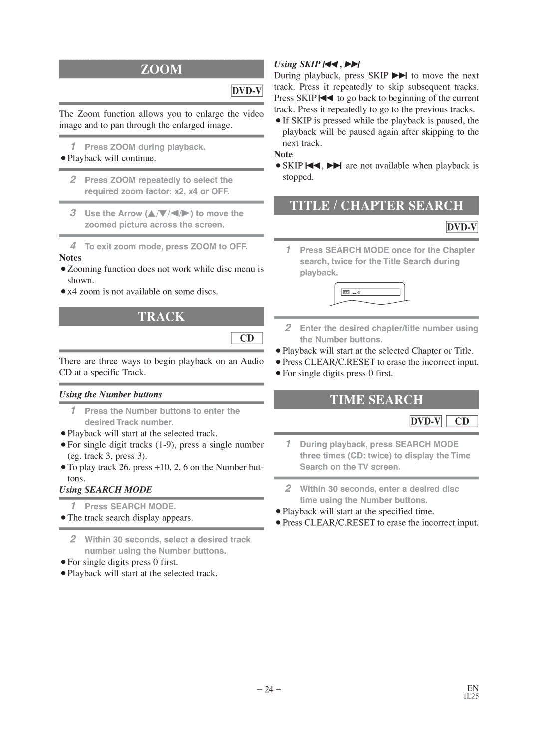 Symphonic CWF803 owner manual Zoom, Title / Chapter Search, Track, Time Search 