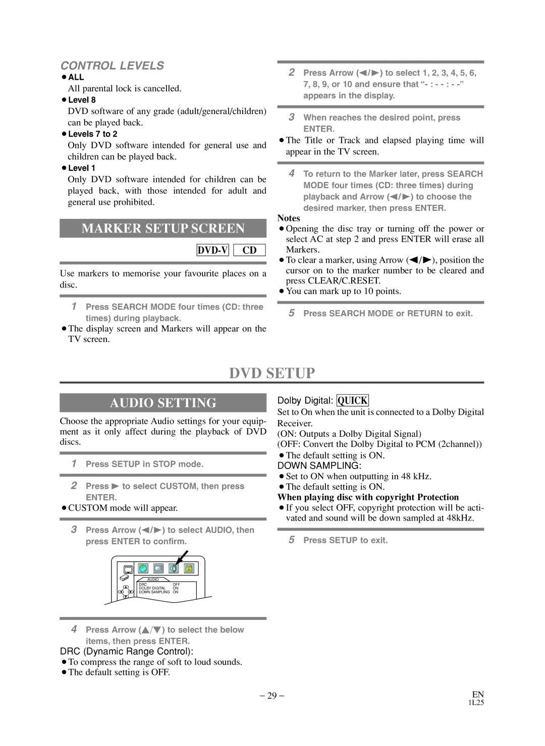 Symphonic CWF803 owner manual DVD Setup, Marker Setup Screen, Audio Setting 