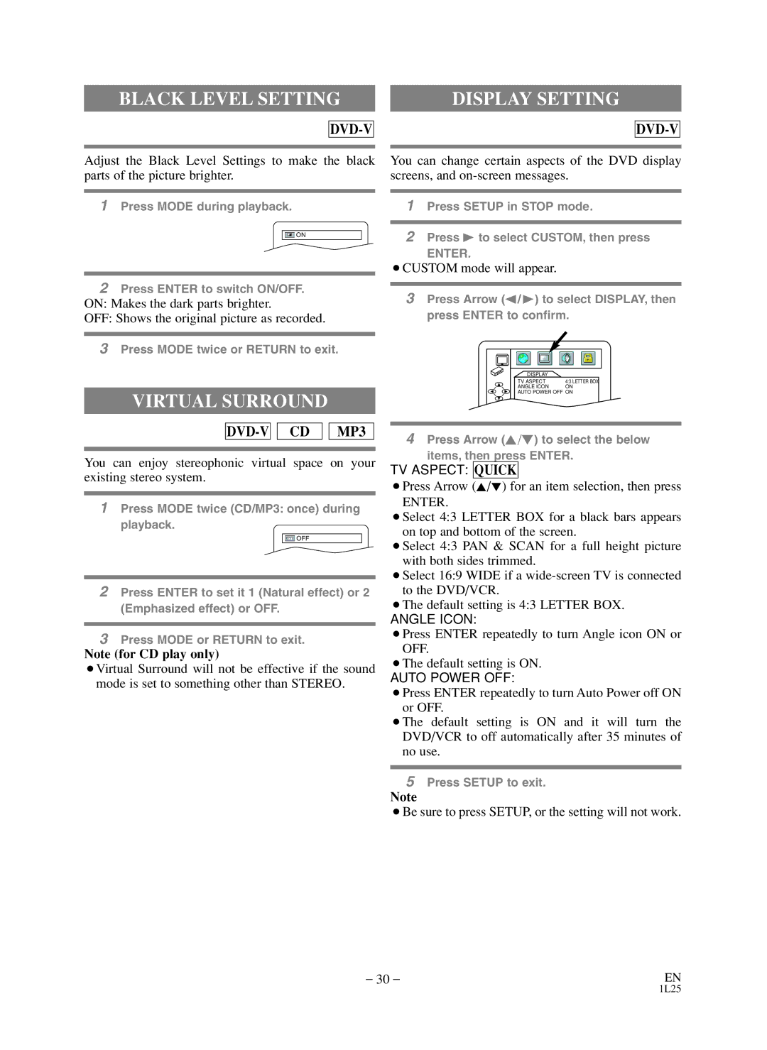 Symphonic CWF803 owner manual Black Level Setting, Display Setting, Virtual Surround 