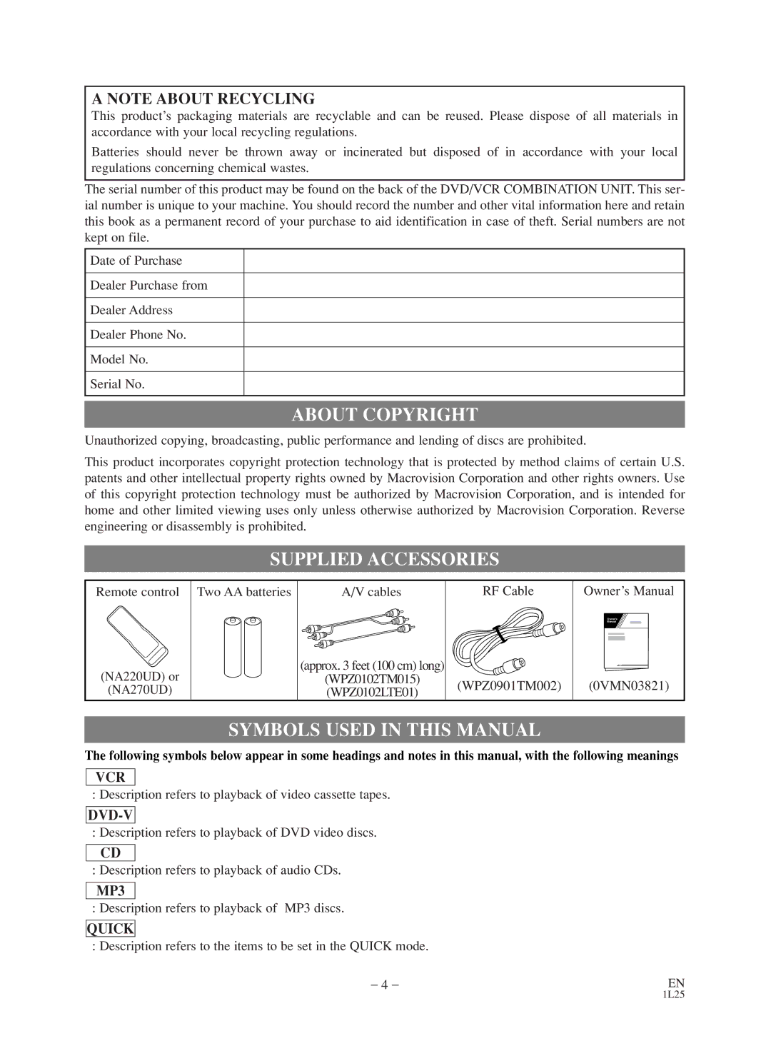 Symphonic CWF803 owner manual About Copyright, Supplied Accessories, Symbols Used in this Manual 