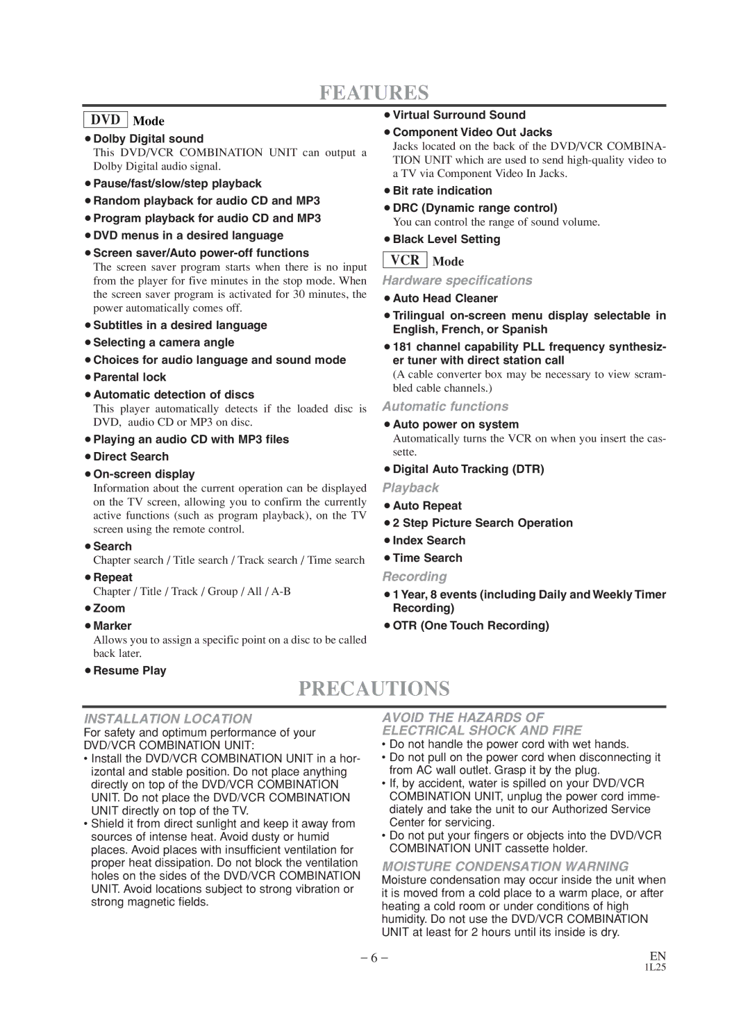 Symphonic CWF803 owner manual Features, Precautions 