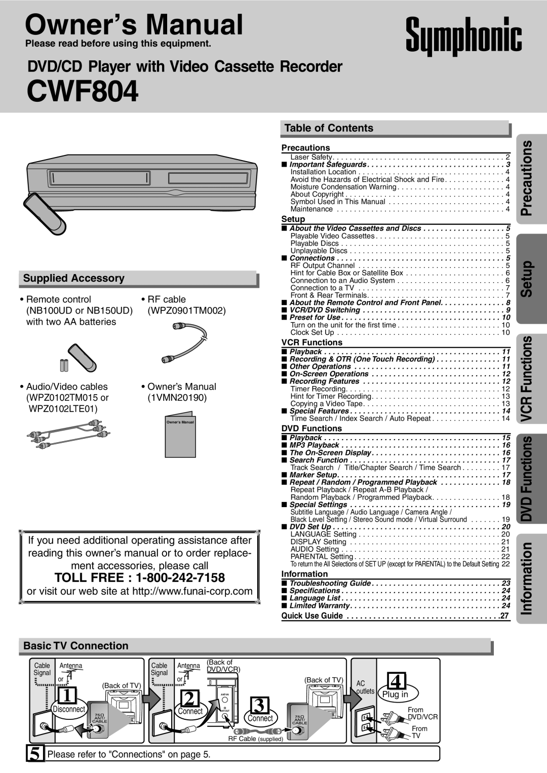 Symphonic CWF804 owner manual Supplied Accessory, Table of Contents, Basic TV Connection 