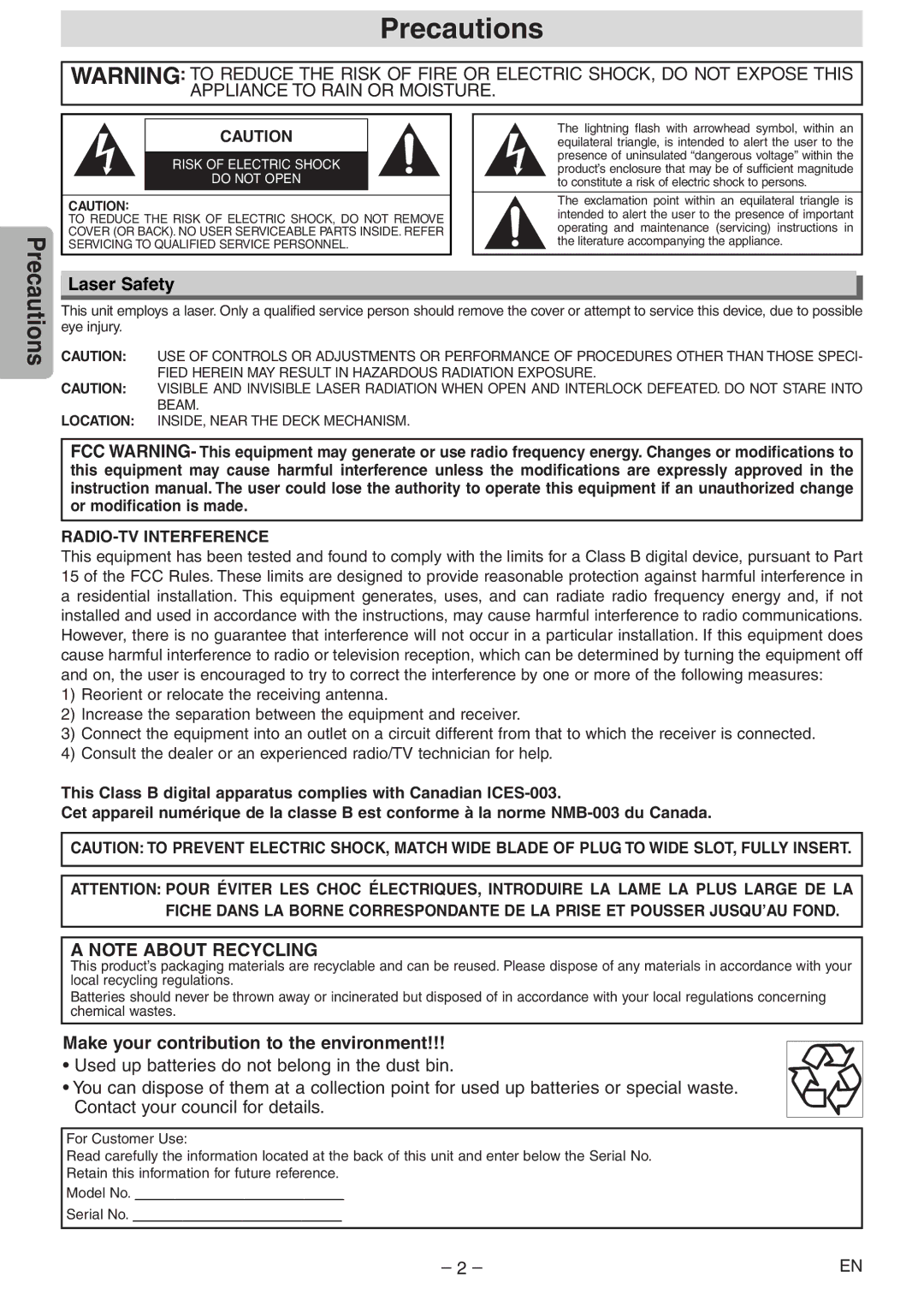 Symphonic CWF804 owner manual Precautions, Laser Safety, Make your contribution to the environment 