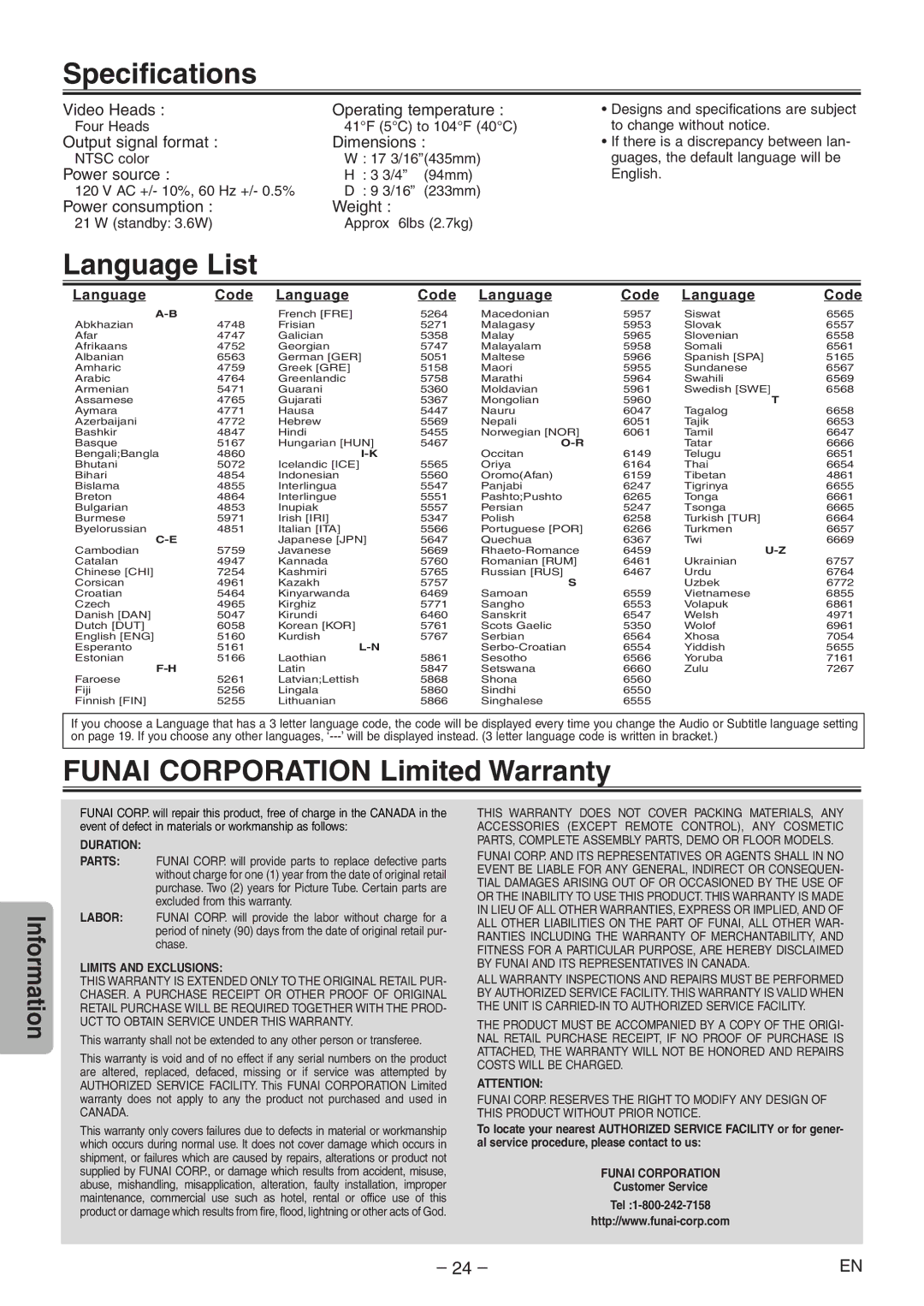 Symphonic CWF804 owner manual Specifications, Language List, Funai Corporation Limited Warranty 