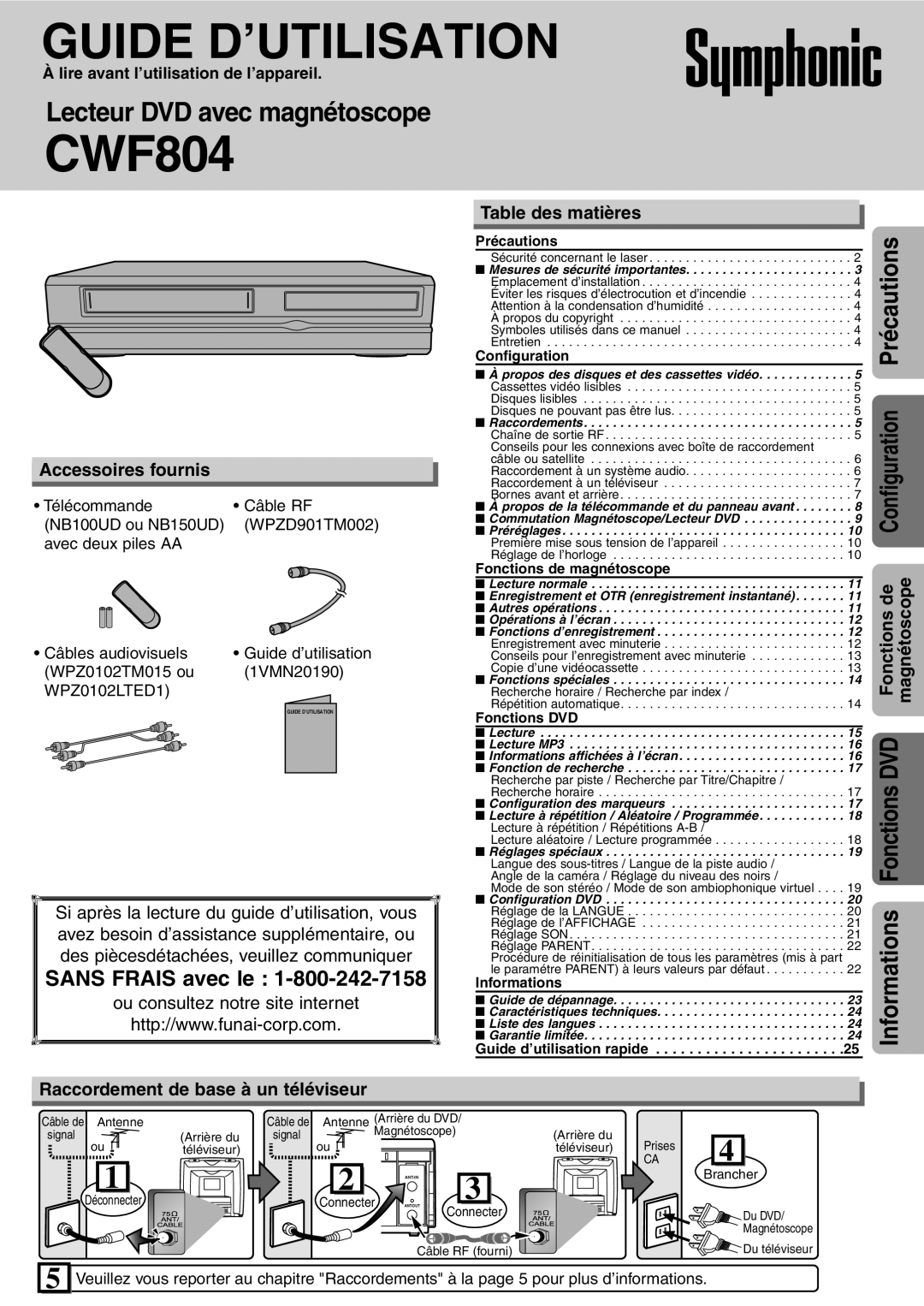 Symphonic CWF804 owner manual Accessoires fournis, Table des matières, Raccordement de base à un téléviseur 