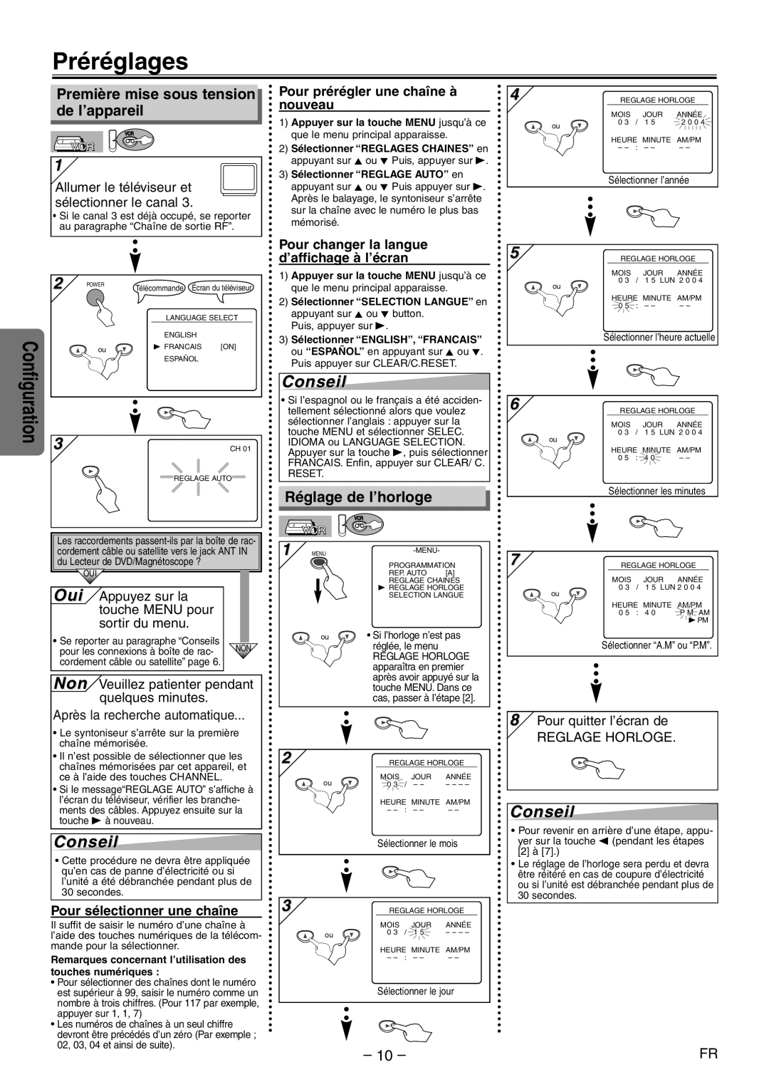 Symphonic CWF804 owner manual Préréglages, Première mise sous tension de l’appareil, Réglage de l’horloge 