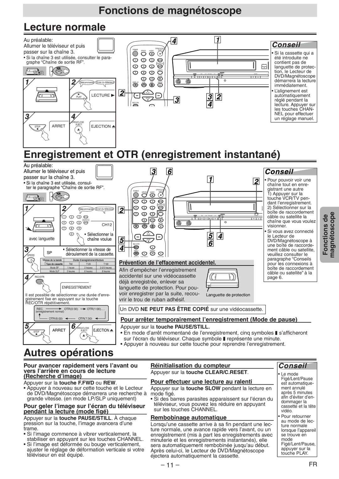 Symphonic CWF804 owner manual Fonctions de magnétoscope Lecture normale, Enregistrement et OTR enregistrement instantané 