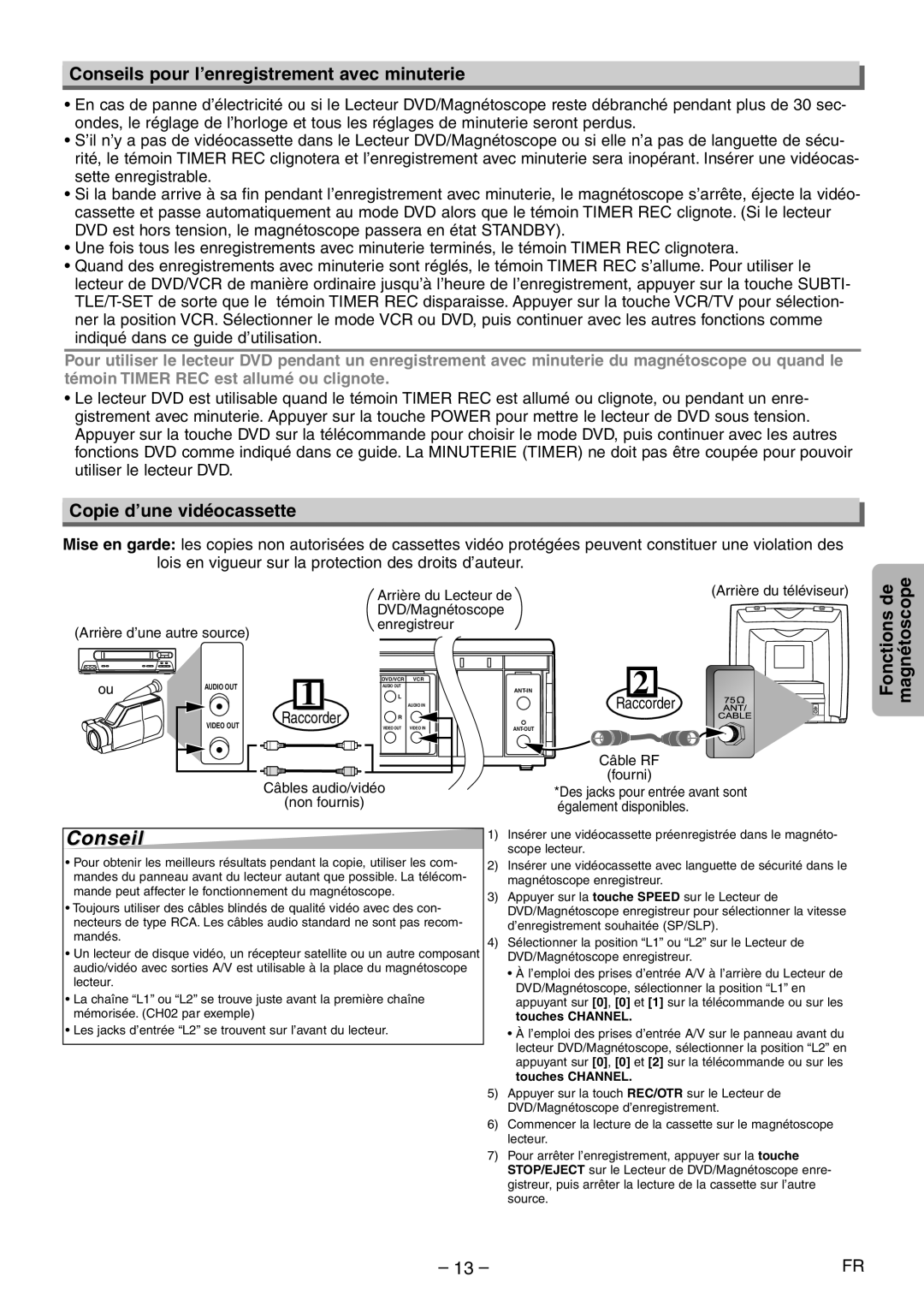 Symphonic CWF804 owner manual Conseils pour l’enregistrement avec minuterie, Copie d’une vidéocassette, Raccorder 