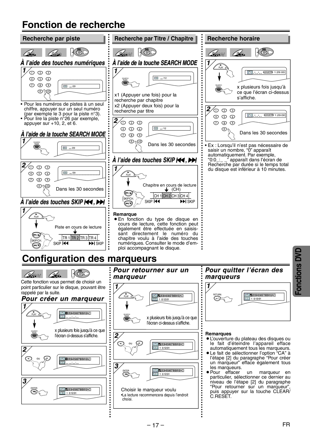 Symphonic CWF804 owner manual Fonction de recherche, Configuration des marqueurs 