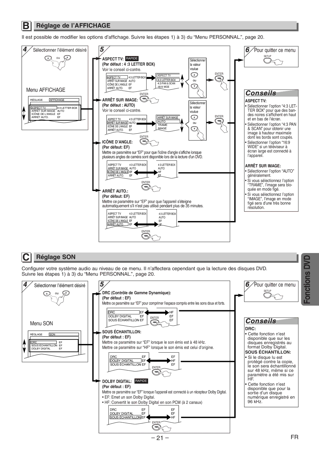 Symphonic CWF804 owner manual Réglage de l’AFFICHAGE, Réglage SON, Menu SON, Pour quitter ce menu 