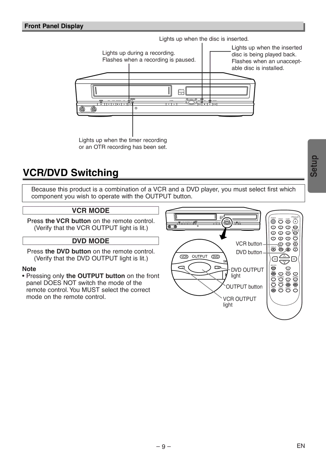 Symphonic CWF804 owner manual VCR/DVD Switching, Front Panel Display 