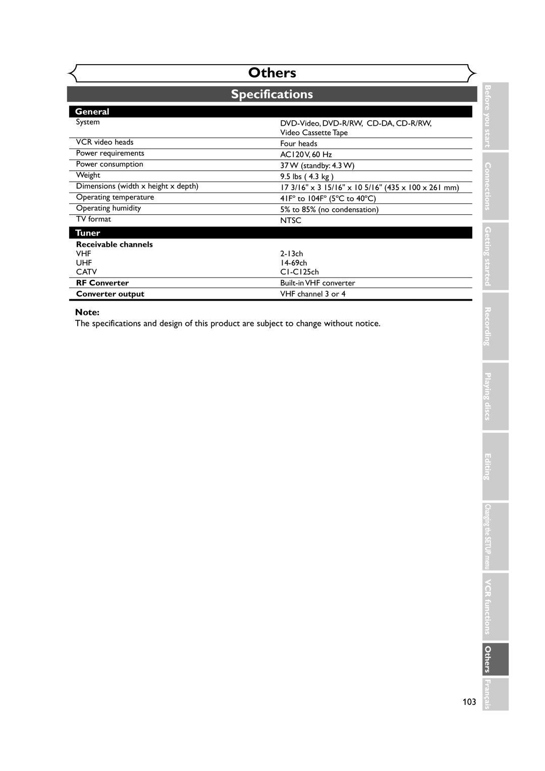 Symphonic CWR20V4 owner manual Specifications, 103, Receivable channels, RF Converter, Converter output 