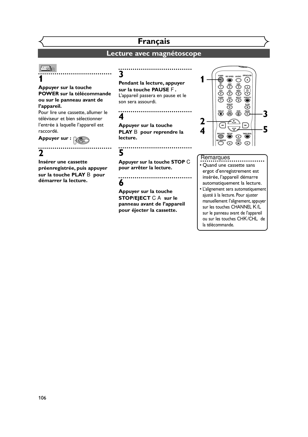 Symphonic CWR20V4 owner manual Lecture avec magnétoscope, ’appareil passera en pause et le son sera assourdi, 106 