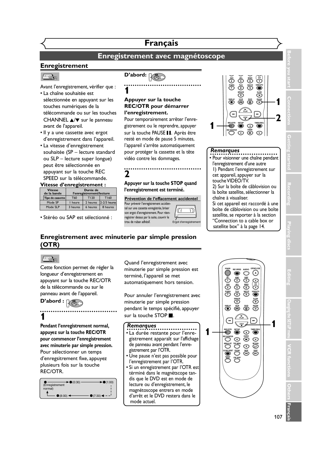 Symphonic CWR20V4 owner manual Enregistrement avec minuterie par simple pression 