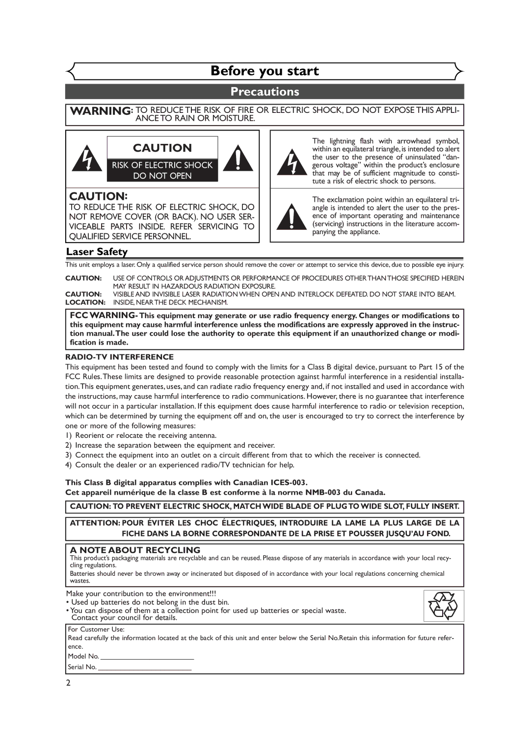 Symphonic CWR20V4 owner manual Precautions, Laser Safety, Model No Serial No 