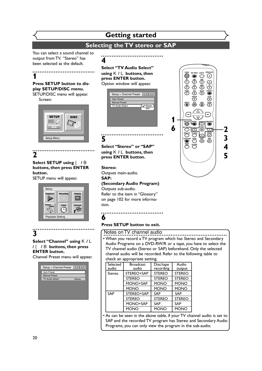 Symphonic CWR20V4 Selecting the TV stereo or SAP, Option window will appear, Outputs main-audio, Secondary Audio Program 