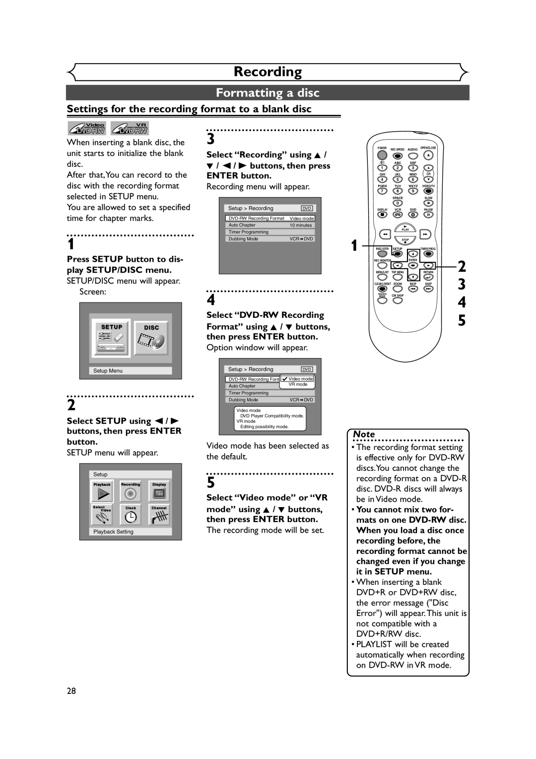 Symphonic CWR20V4 Formatting a disc, Settings for the recording format to a blank disc, SETUP/DISC menu will appear Screen 