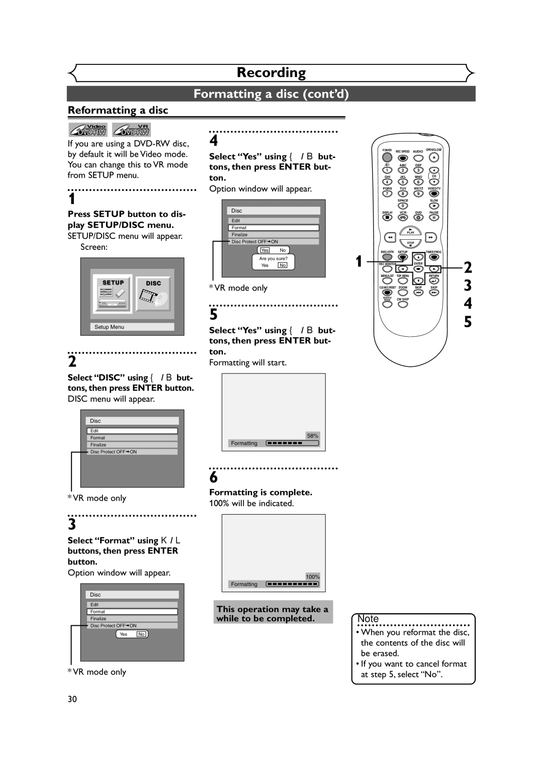 Symphonic CWR20V4 Reformatting a disc, Select Yes using / B but- tons, then press Enter but- ton, Formatting is complete 