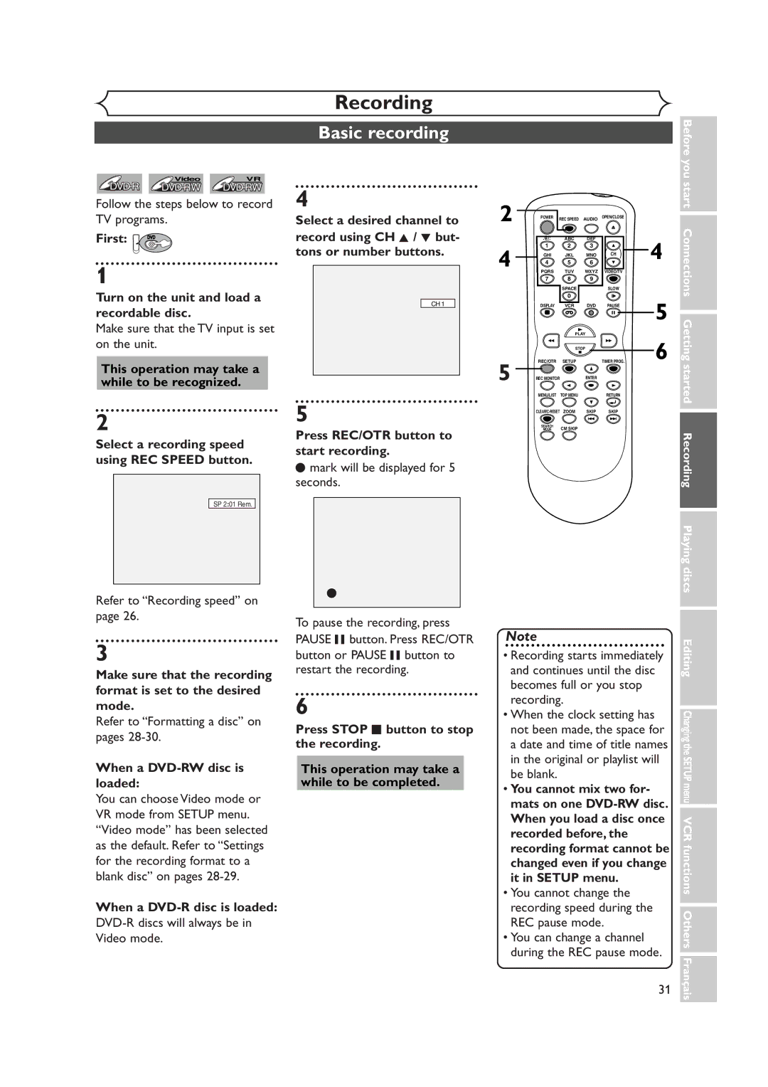 Symphonic CWR20V4 owner manual Basic recording 