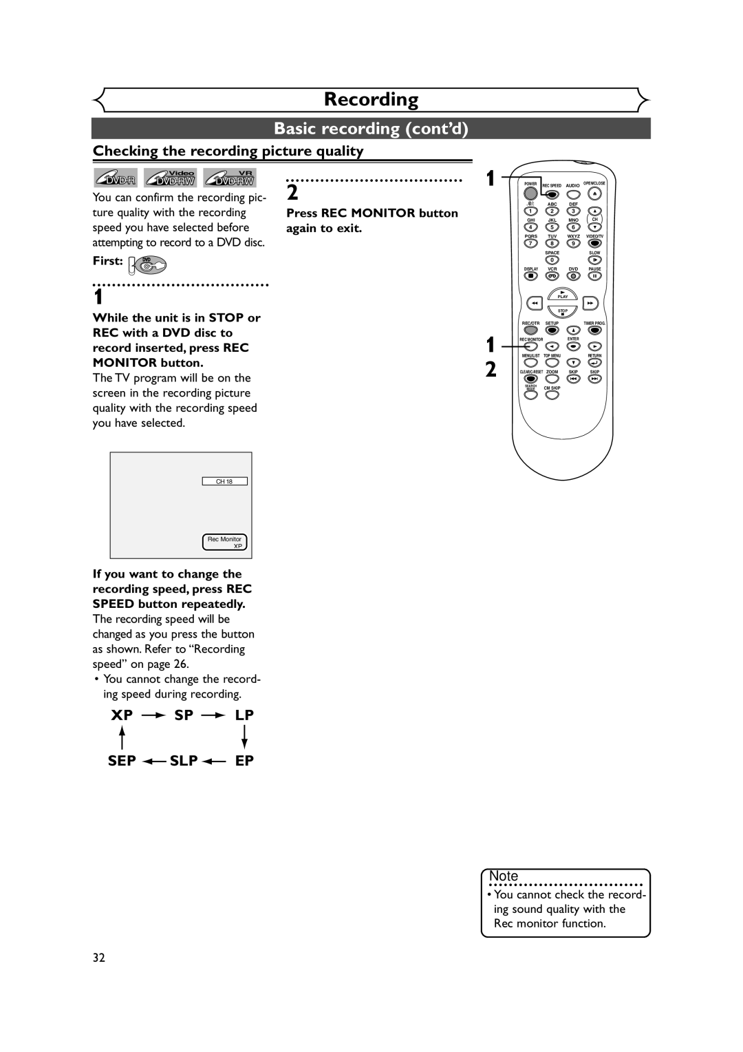 Symphonic CWR20V4 owner manual Basic recording cont’d, Checking the recording picture quality, Xp Sp Lp 