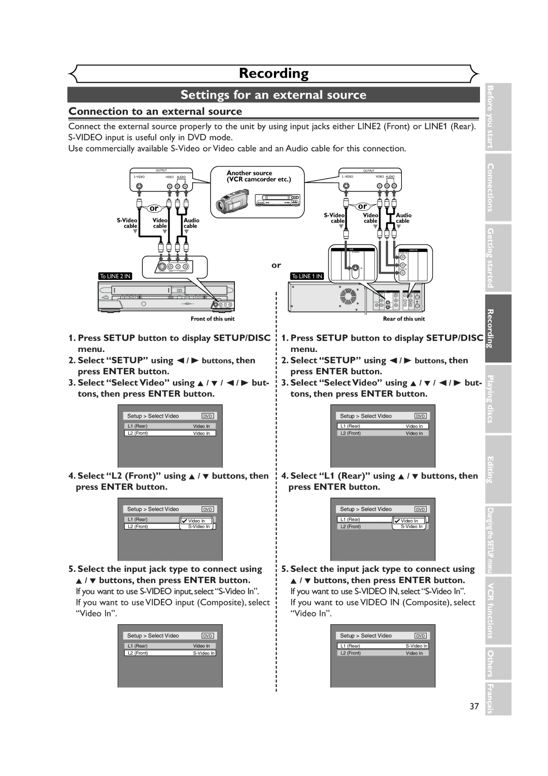 Symphonic CWR20V4 owner manual Settings for an external source, Connection to an external source 