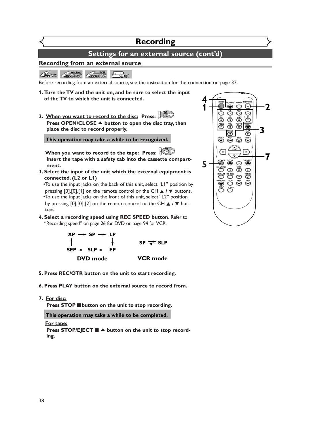 Symphonic CWR20V4 owner manual Settings for an external source cont’d, Recording from an external source, Xp Sp Lp 